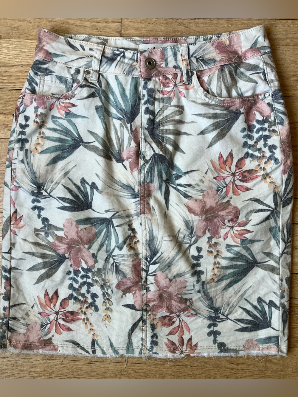 Tropical Print Denim Skirt